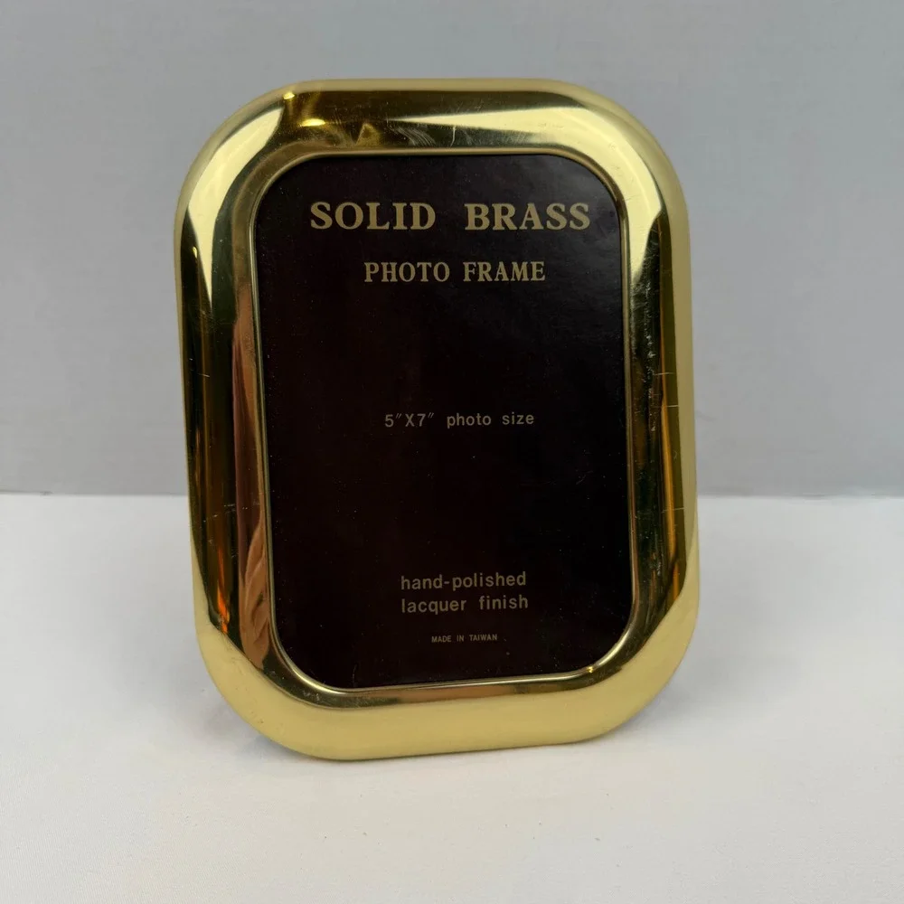 Vintage Solid Brass 5x7 Photo Frame Hand Polished Lacquer Gold Tone Velvet Back